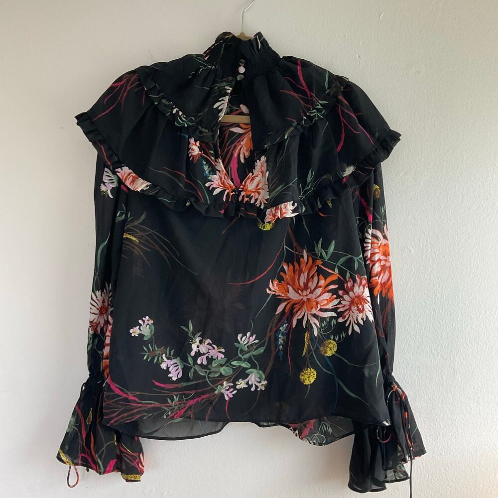 H&M Floral Ruffle Chiffon Blouse Black Sheer  Romantic Boho Top Size S - Picture 5 of 7